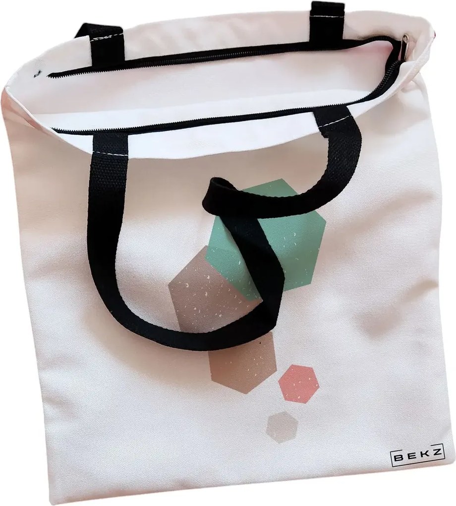 Sacosa de Panza pentru Cumparaturi, Geanta Tote, model Hexagons, Cu fermoar, 38x34.5 cm, Alba, BEKZ®