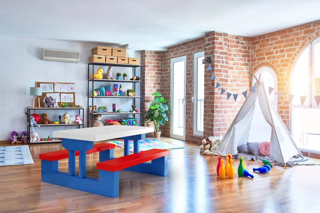 Set de șezut pentru copii cu umbrelă de soare JASMIN, 67x78,5x42,5cm, albastru/alb/roșu Spielwerk