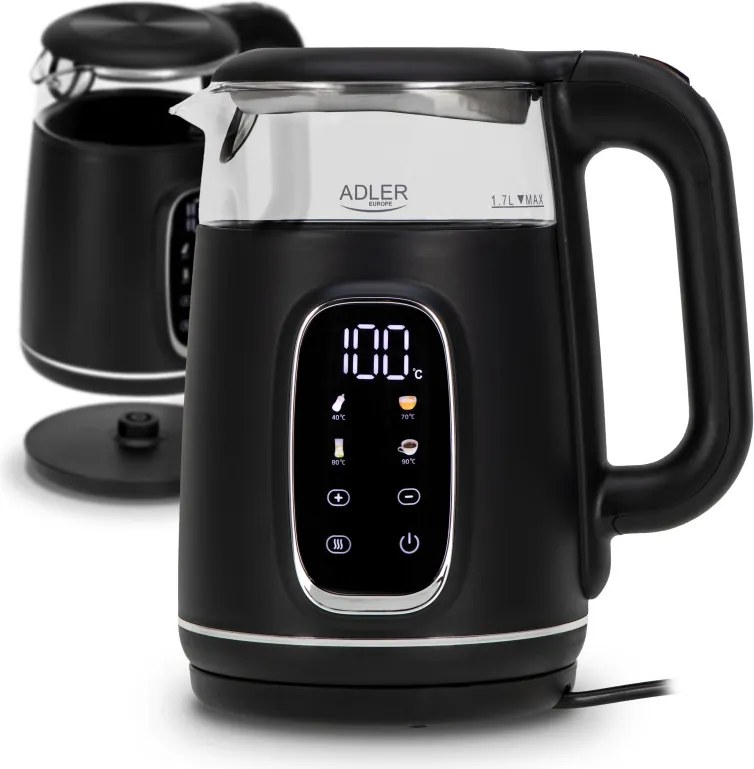 Cana electrica Adler AD 1305 BS, 1850/2200 W, 1,7 L, Control tactil, Afisaj LCD color, 5 setari de temperatura 40-100°C, Filtru anticalcar, Negru/Gri