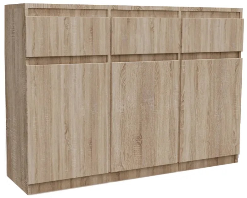 Comoda cu 3 sertare si 3 usi, moderna, fara manere, 120x85x33 cm, stejar sonoma, pentru living, dormitor, hol, Bortis Impex