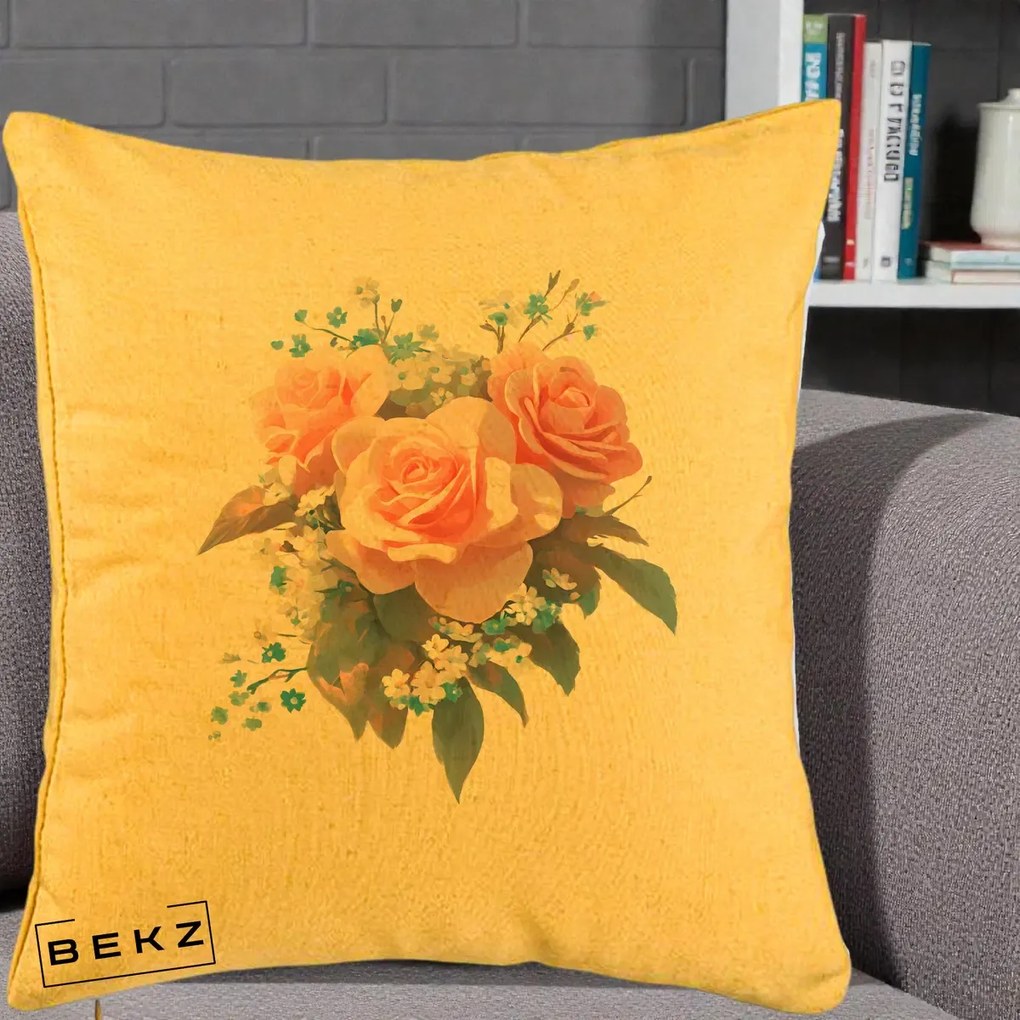 Perna Decorativa Trandafiri Roz cu Floricele Albastre, 40x40 cm, Galben, Husa Detasabila, Perna Inclusa, BEKZ®