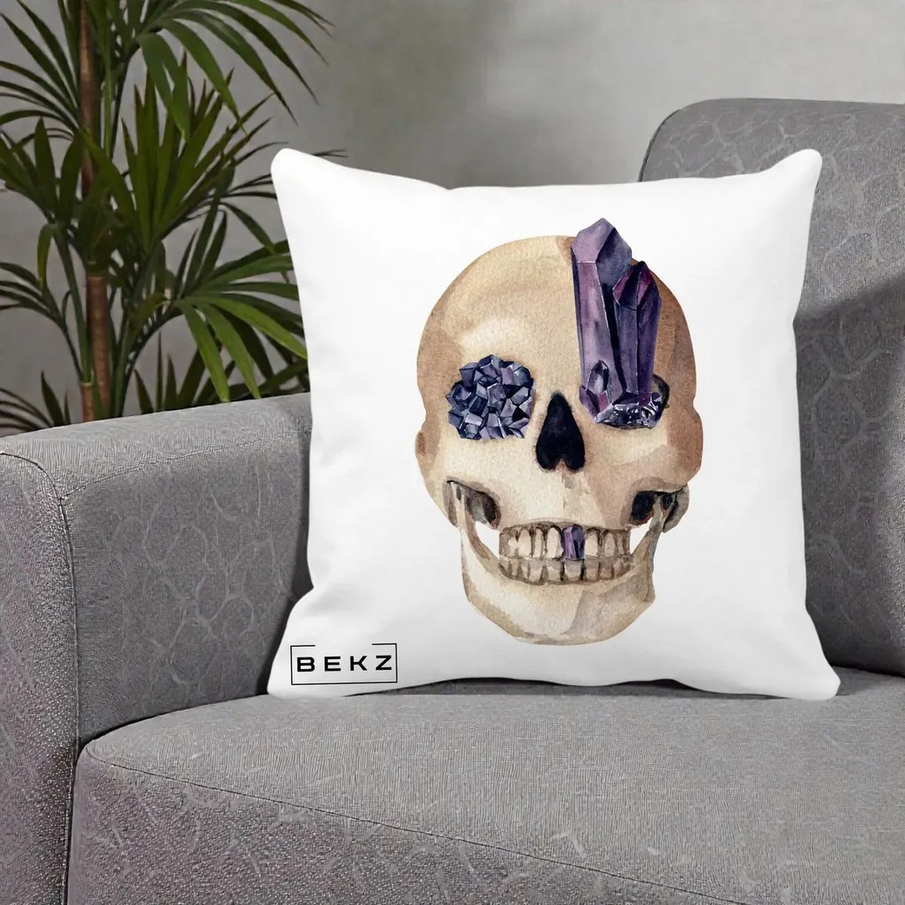 Perna Decorativa Craniu cu Cristale de Ametist, 40x40 cm, Alba Mata, Husa Detasabila, Perna Inclusa, BEKZ®