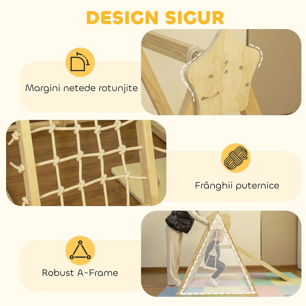 AIYAPLAY Set de Cățărare 5 în 1 cu Tobogan, 2 Pereți de Cățărare, Leagăn și Coș de Baschet, din Lemn, 140x172.5x116.5 cm | Aosom Romania
