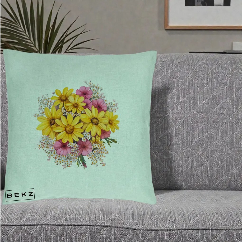 Perna Decorativa Floarea-Soarelui cu Cosmos Roz si Gypsophila, 40x40 cm, Verde Menta, Husa Detasabila, Perna Inclusa, BEKZ®
