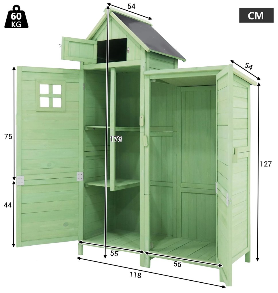 Dulap de grădină cu 2 rafturi, magazie de unelte cu spațiu de depozitare mare, 118 x 54 x 173 cm, Verde