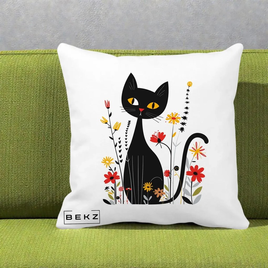 Perna Decorativa Pisica Neagra Ochi Galbeni Flori, 40x40 cm, Alba Mata, Husa Detasabila, Perna Inclusa, BEKZ®