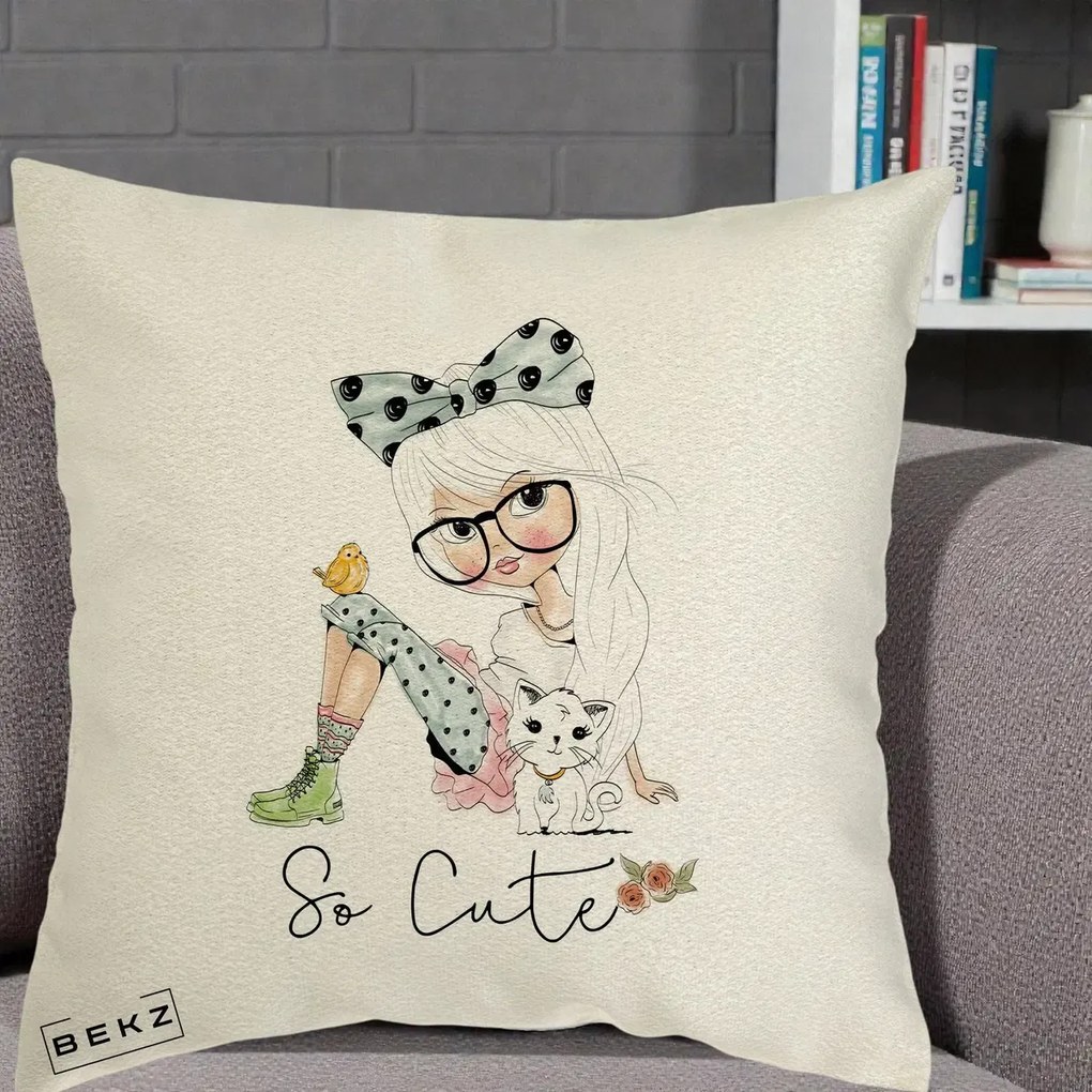 Perna Decorativa So Cute Fata Fashion, 40x40 cm, Ecru, Husa Detasabila, Perna Inclusa, BEKZ®