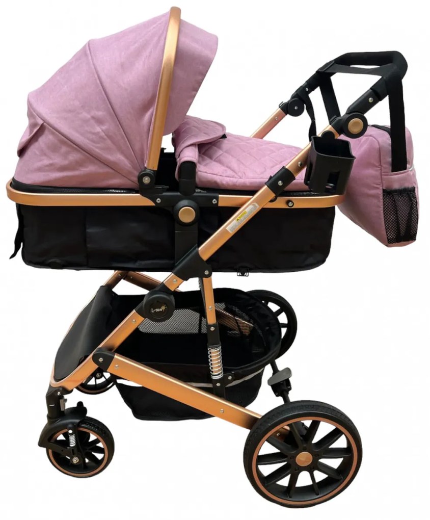 Carucior 3 in 1 cu scoica auto, transformabil, reversibil, cu roti cauciuc, 0-36 luni - CPC-37-roz