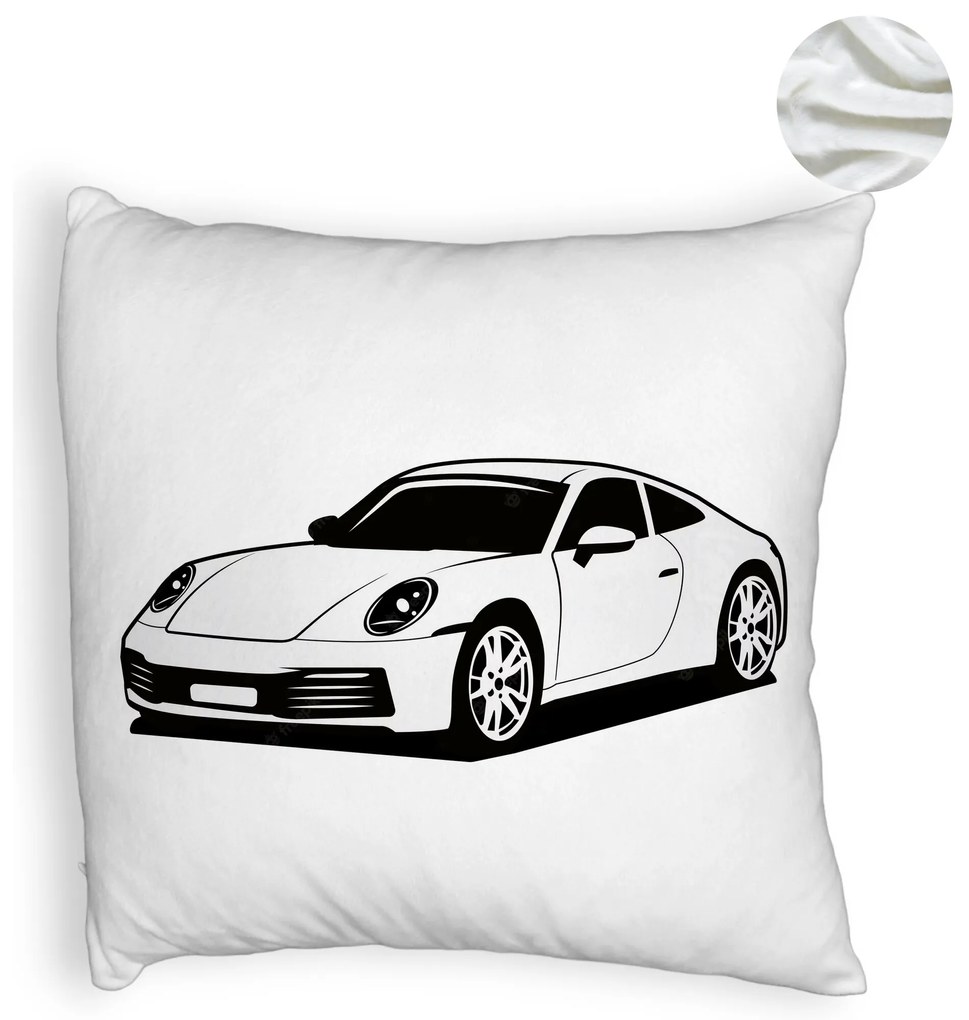 Perna Decorativa Fluffy, Model Porsche 911, 40x40 cm, Alba, Husa Detasabila, Burduf