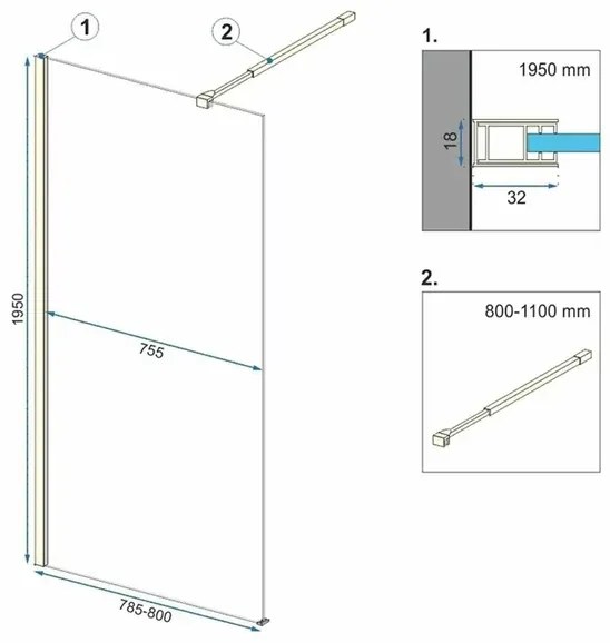 Paravan de dus tip Walk-in Rea Aero N 80x195 cm profil auriu