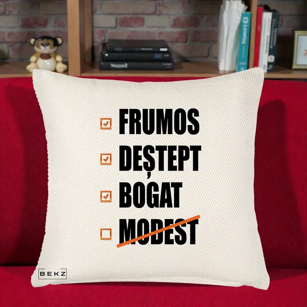 Perna Decorativa Frumos Destept Bogat, 40x40 cm, Crem Reliefat, Husa Detasabila, Perna Inclusa, BEKZ®