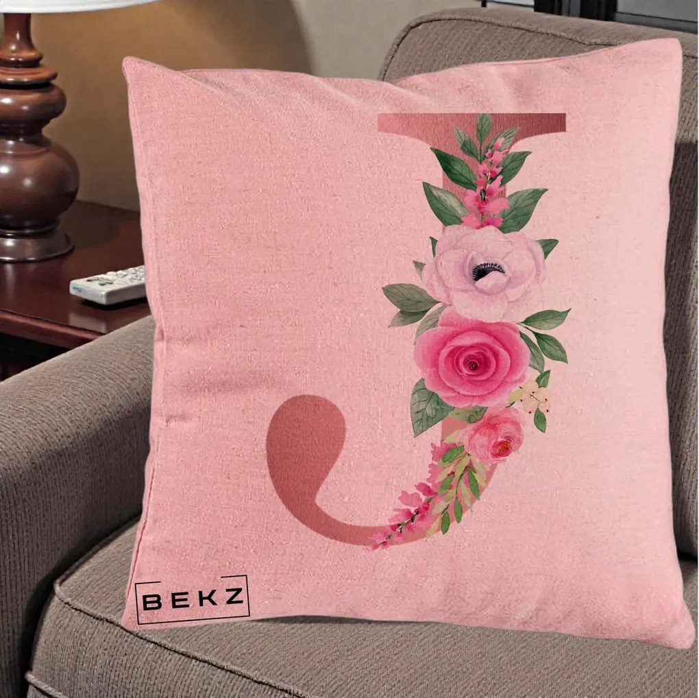 Cadou Personalizat - Perna Personalizata Monograma Rose Gold Litera J, 40x40 cm, Roz, Husa Detasabila, Perna Inclusa, BEKZ®