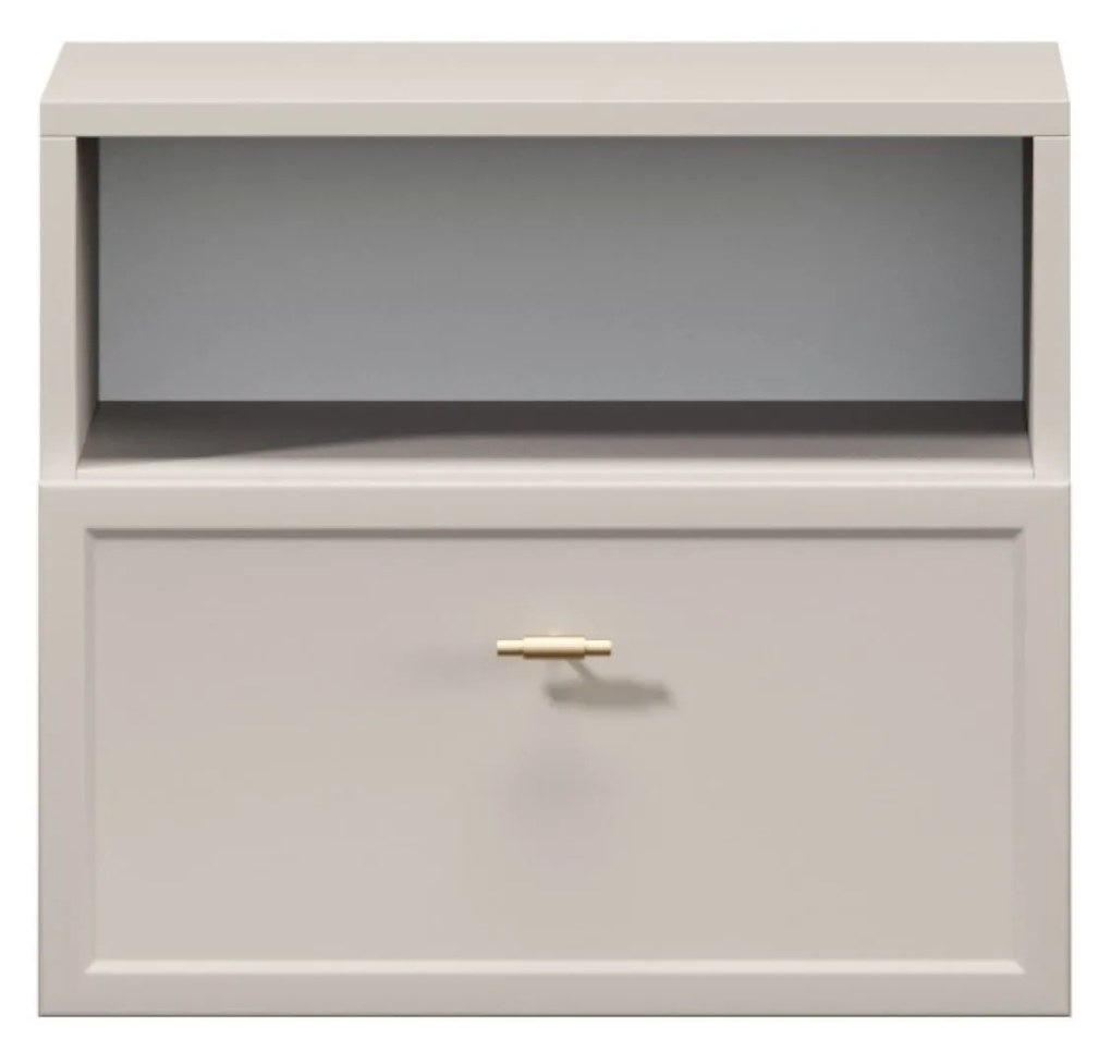Noptieră suspendată cu sertar Lorini 45 cm - cașmir / mânere aurii T-bar
