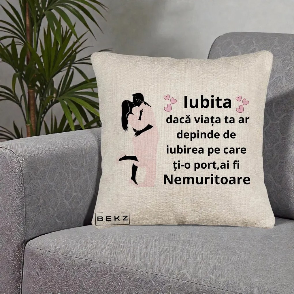 Cadou pentru Iubita - Perna Personalizata Iubita Nemuritoare cu Siluete de Cuplu, 40x40 cm, Bej Canapea, Husa Detasabila, Perna Inclusa, BEKZ®