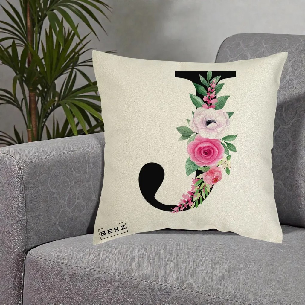 Cadou Personalizat - Perna Personalizata Monograma Florala Litera J, 40x40 cm, Ecru, Husa Detasabila, Perna Inclusa, BEKZ®