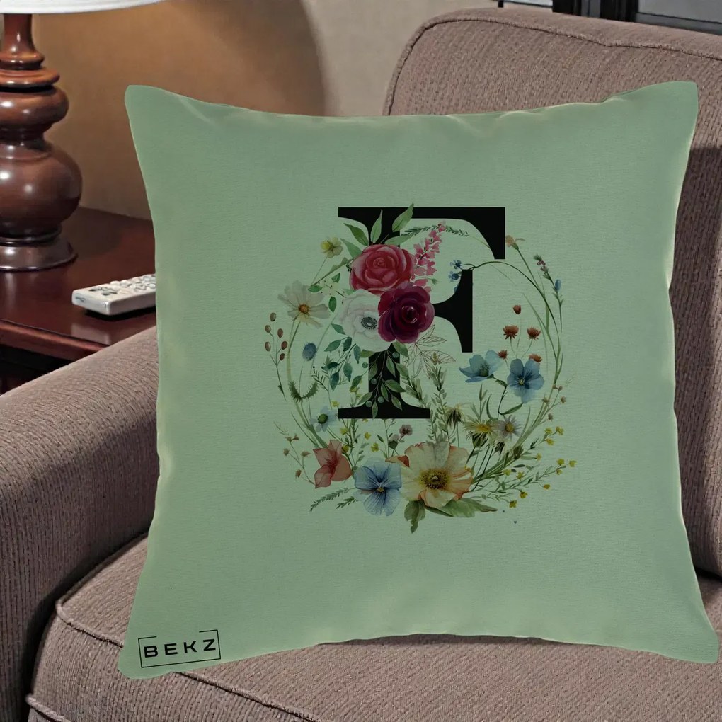 Cadou Personalizat - Perna Personalizata Monogram Litera F cu Flori Acuarela, 40x40 cm, Verde, Husa Detasabila, Perna Inclusa, BEKZ®