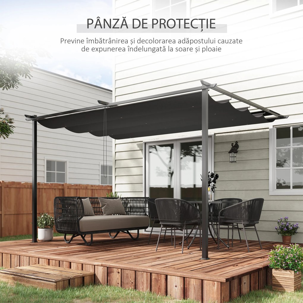 Foisor tip pergola Outsunny cu acoperis culisant, suruburi si carlige incluse, otel si poliester 390x290x220 cm, gri | Aosom Romania