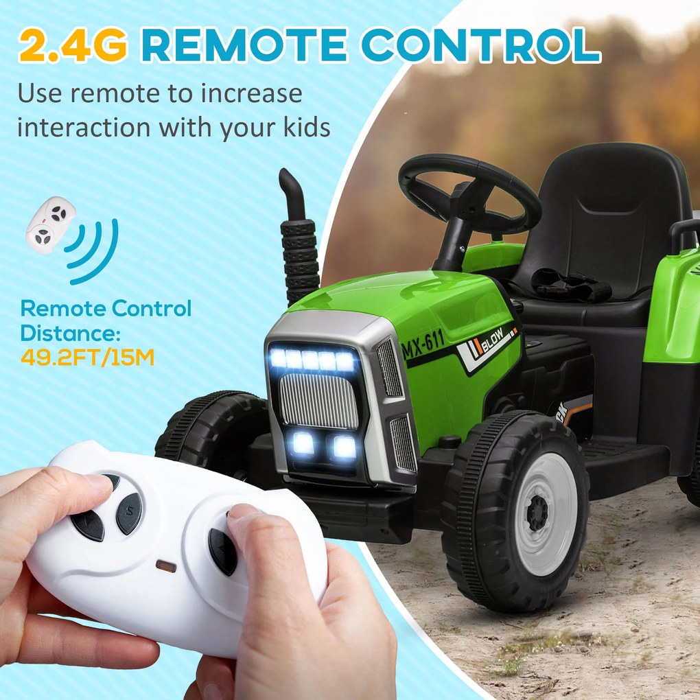 HOMCOM Tractor Electric cu Remorcă Detașabilă, Telecomandă, Muzică și Claxon, pentru Copii de 3-6 Ani, 136,5x50x52,5 cm, Verde | Aosom Romania