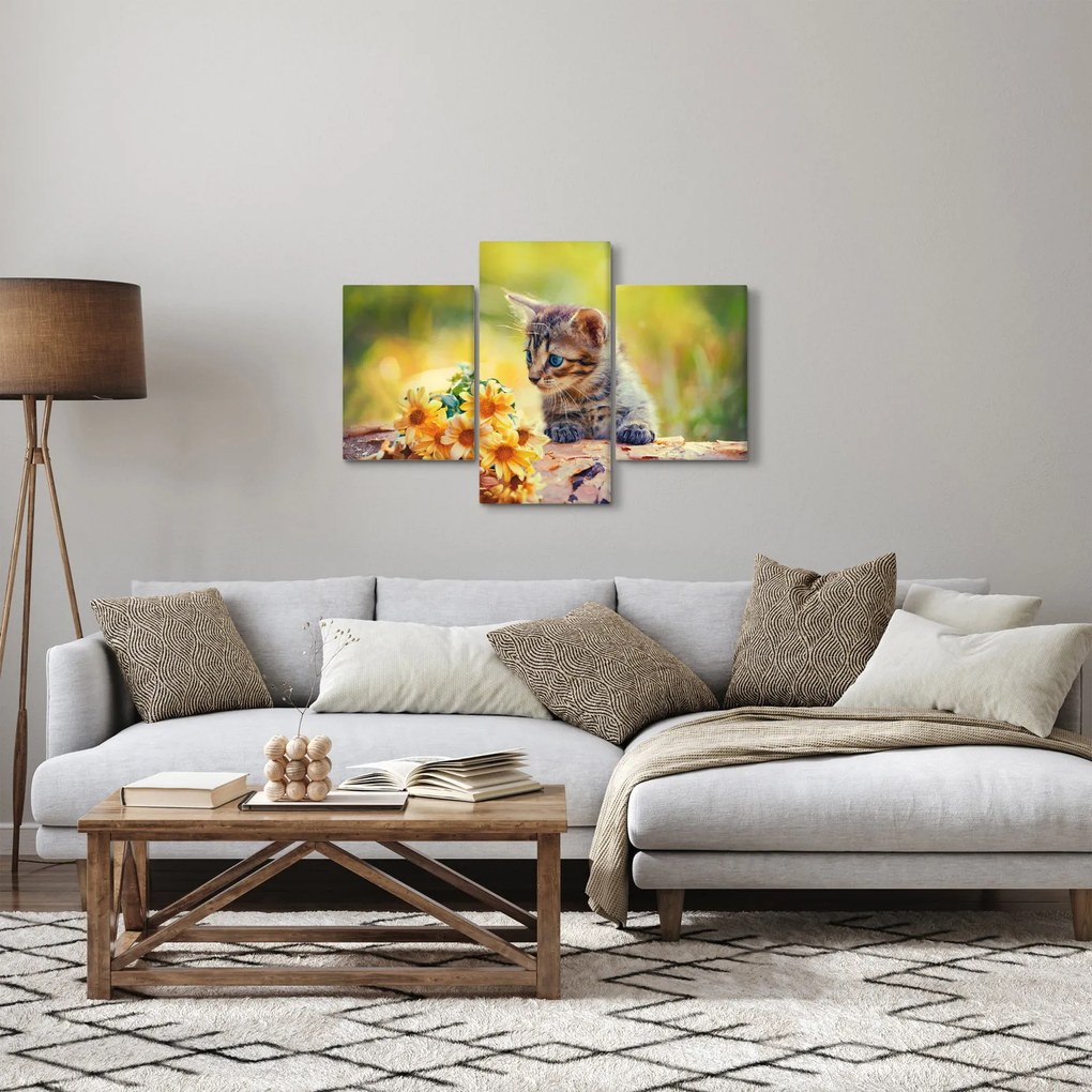 Tablou cu pisicuța uitându-se la floare (90x60 cm)