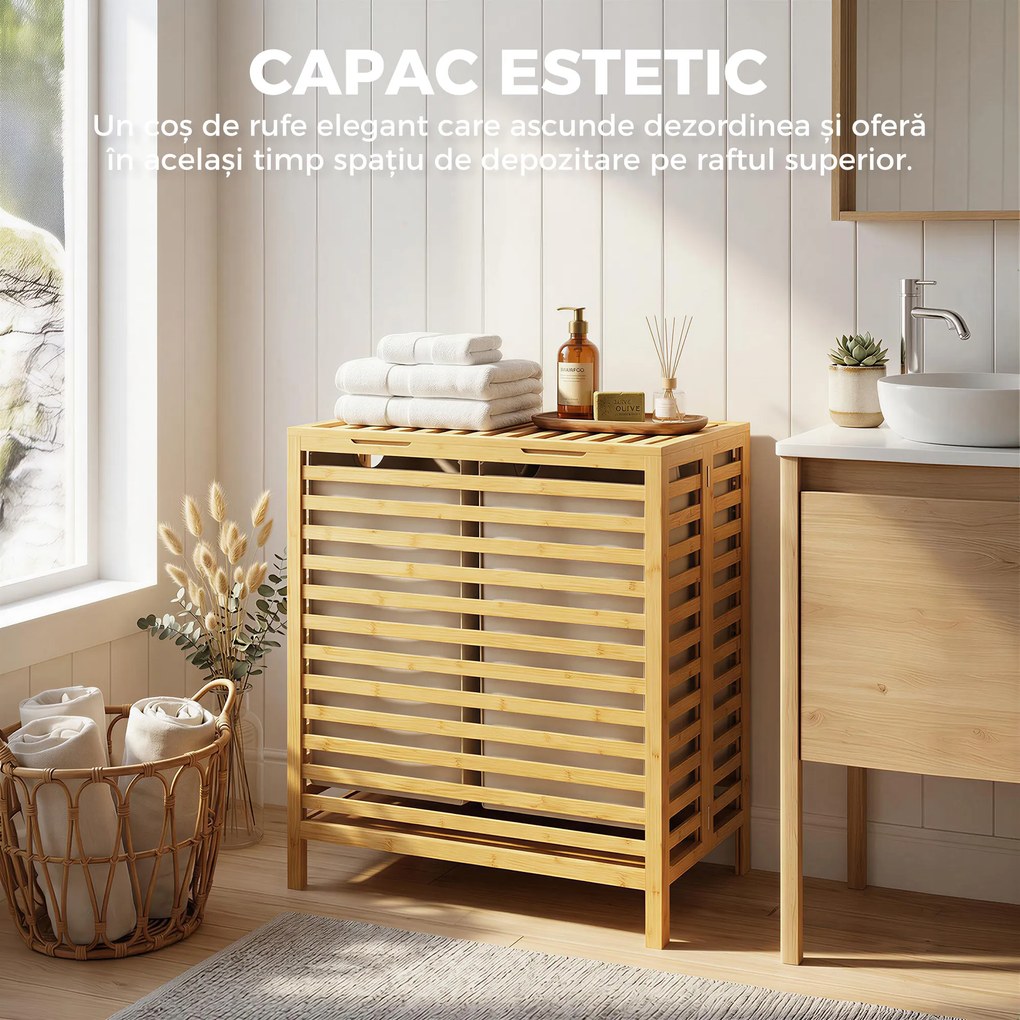 HOMCOM Coș de Rufe din Bambus 64L cu Capac, 2 Saci din Material Oxford Detașabili și Lavabili, Culoare Lemn | Aosom Romania