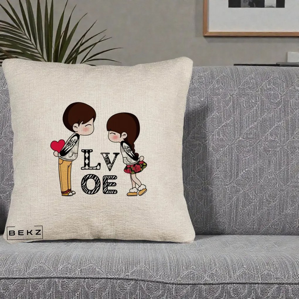Cadou Romantic - Perna Personalizata Cuplu Kawaii LOVE, 40x40 cm, Bej Canapea, Husa Detasabila, Perna Inclusa, BEKZ®