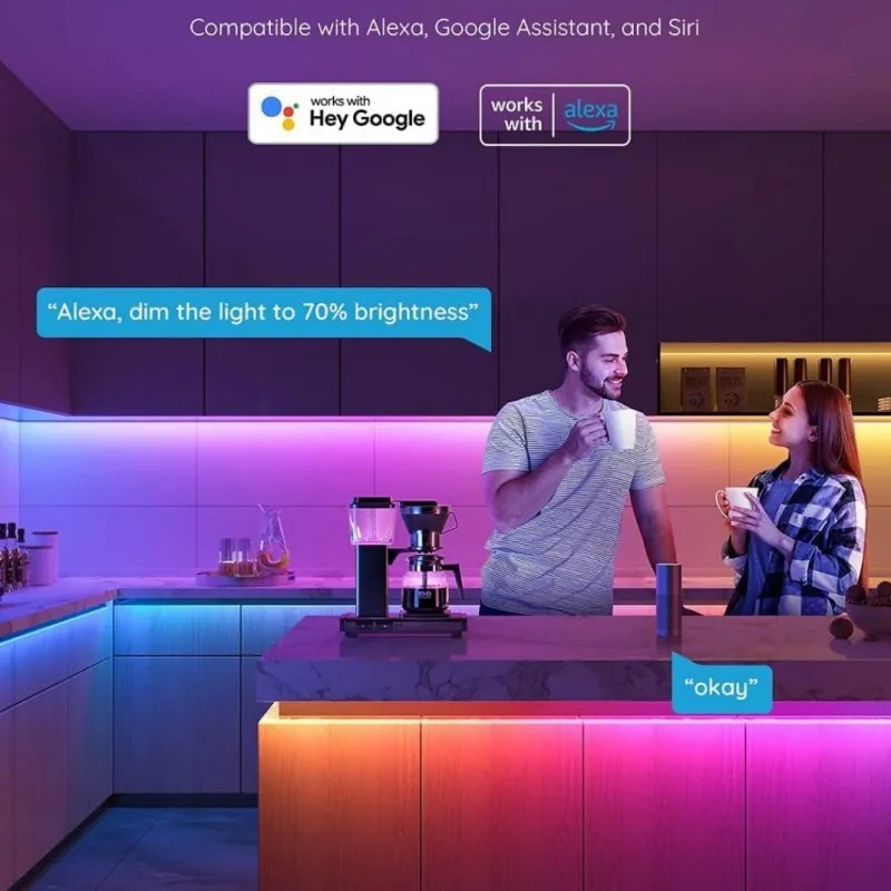 Banda LED Smart Govee RGBIC H618A3D1, 12 W, 5 m, 90 LED-uri, Wi-Fi, Bluetooth, Alexa, Control vocal si mobil, Alb