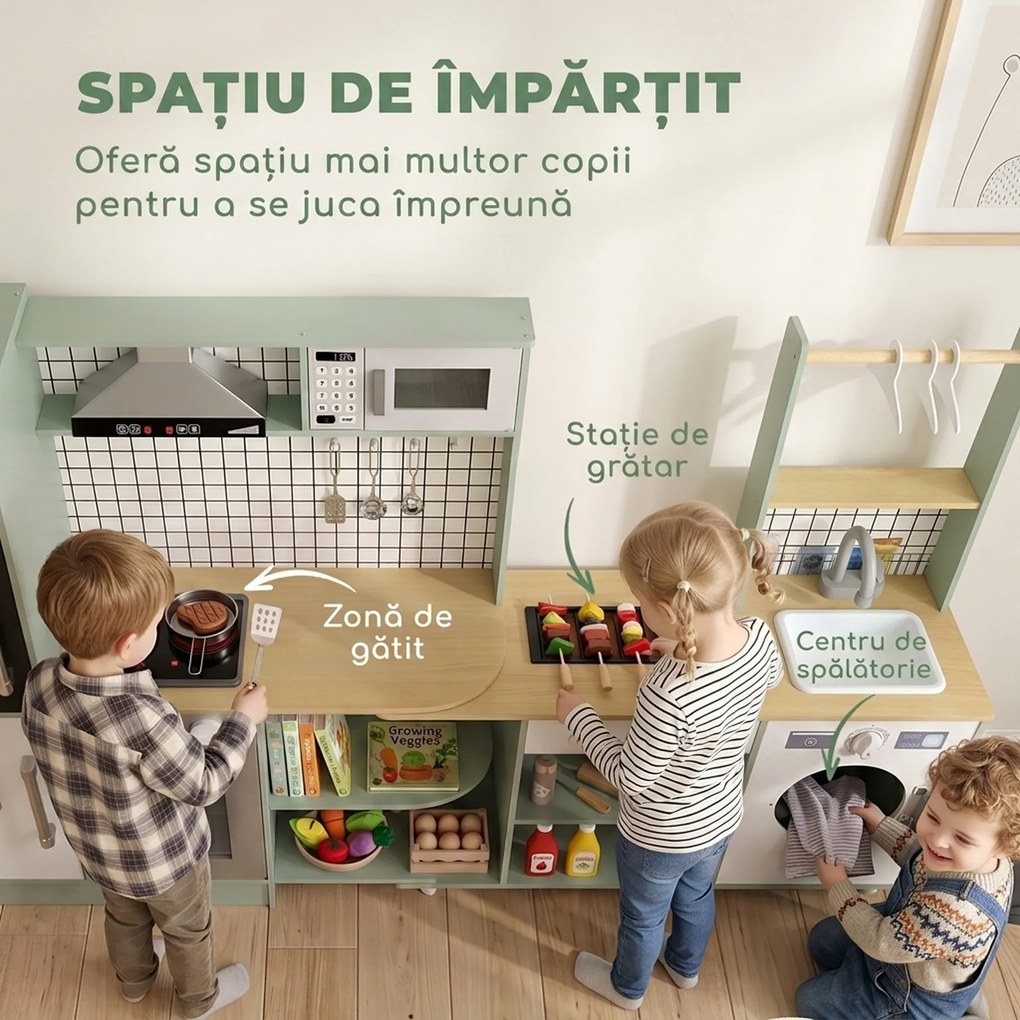 AIYAPLAY Bucătărie pentru Copii 3-8 Ani cu Blat Rotativ, Verde Deschis | Aosom Romania