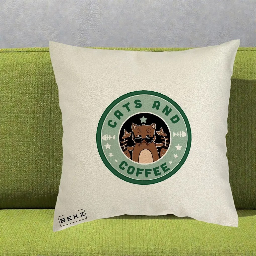 Perna Personalizata Cats and Coffee Starbucks, 40x40 cm, Ecru, Husa Detasabila, Perna Inclusa, BEKZ®