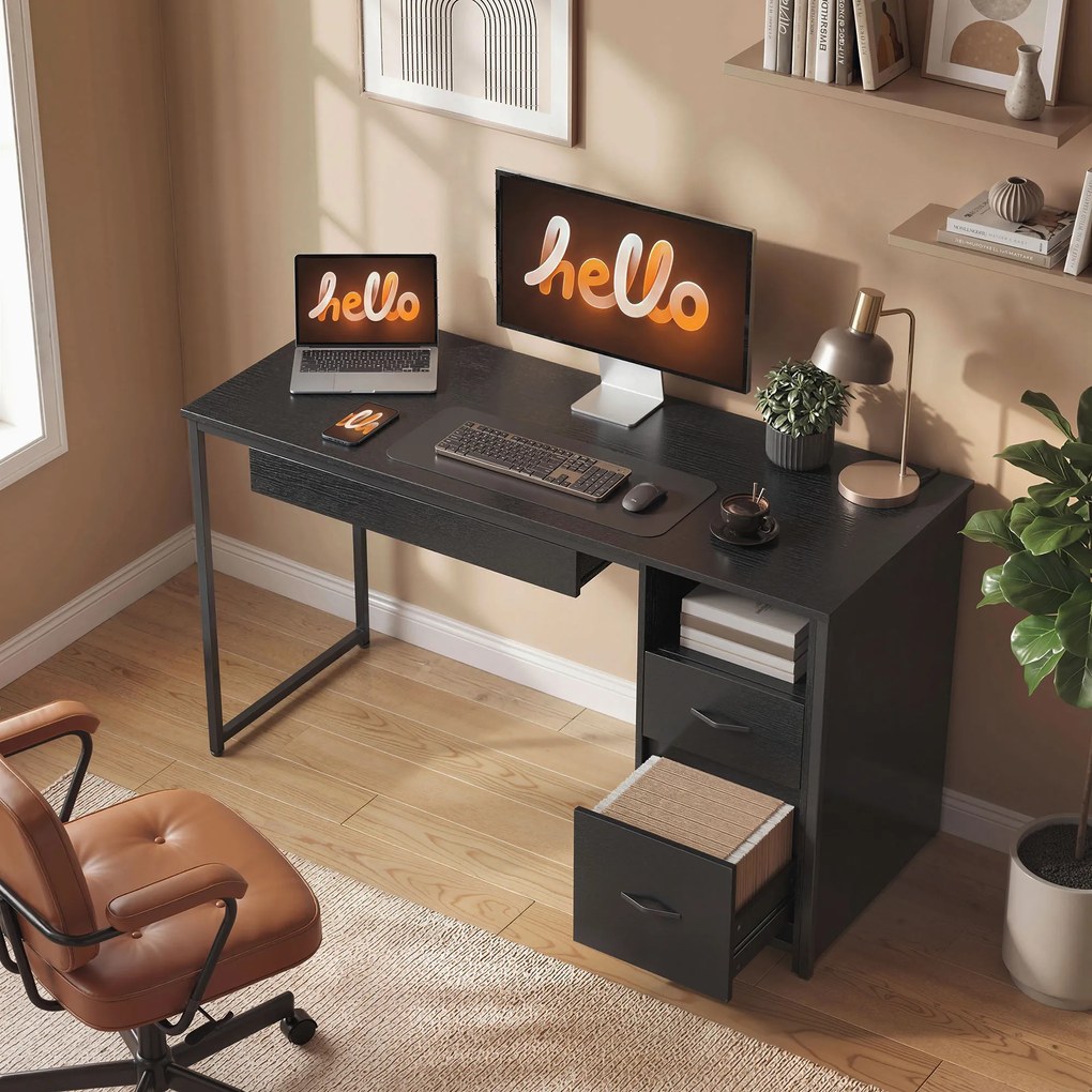 HOMCOM Birou Gaming Industrial, 120x52,3cm Stație Gaming cu Suport Tastatură, Compartiment Deschis și Sertare pentru Documente Format A4 Letter Legal, Masă Computer pentru Birou Acasă, Negru | Aosom Romania