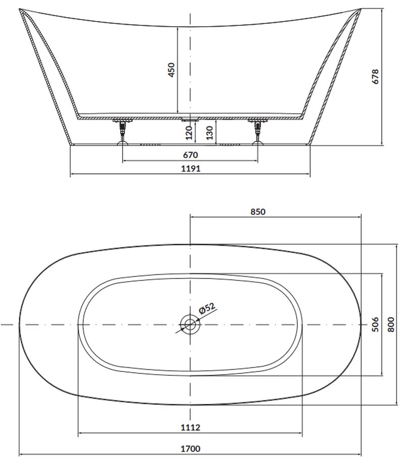 Cada baie freestanding Cersanit Inverto, 170 x 80 cm, ovala, alb lucios