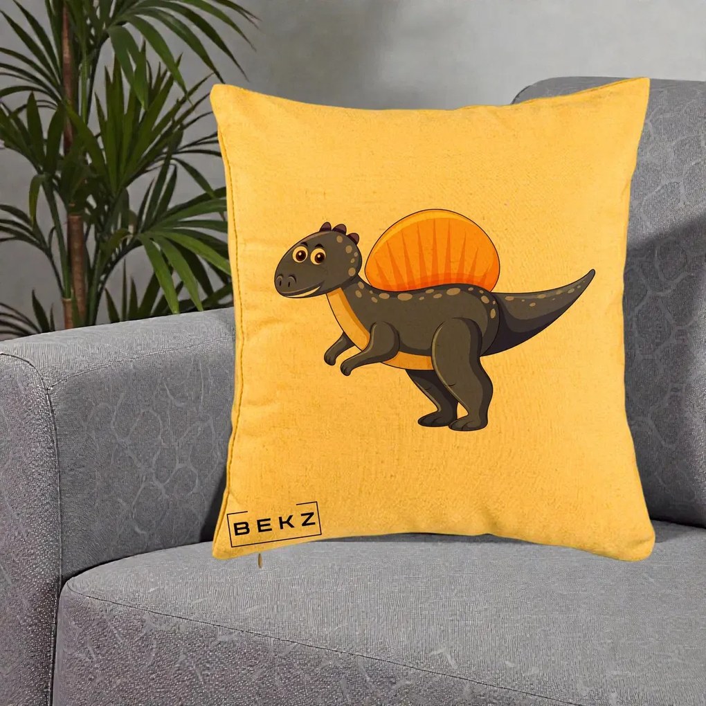 Perna Decorativa Spinozaur Kawaii, 40x40 cm, Galben, Husa Detasabila, Perna Inclusa, BEKZ®