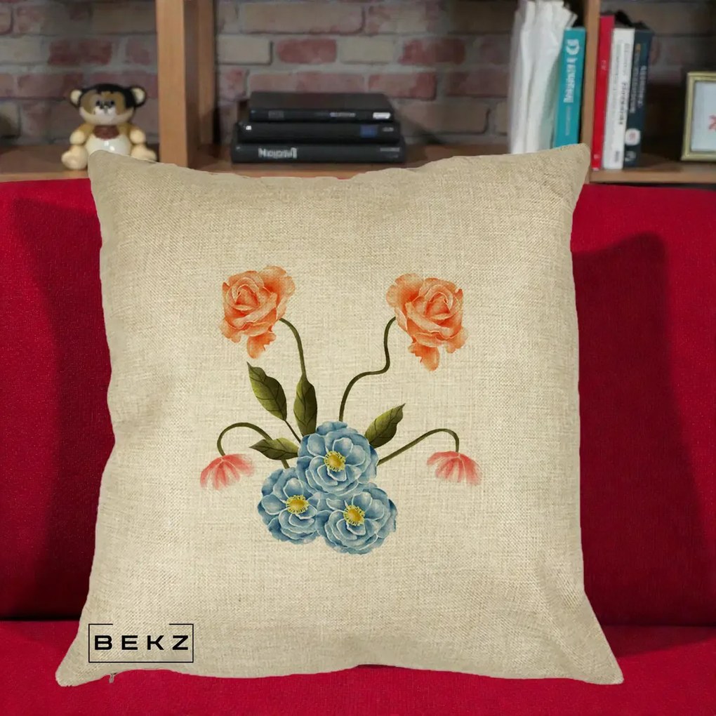 Perna Decorativa Trandafiri si Bujori Acuarela, 40x40 cm, Crem, Husa Detasabila, Perna Inclusa, BEKZ®