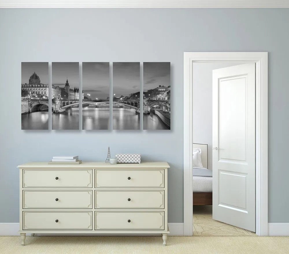 Tablou 5-piese panorama orbitoare ale Parisului în design alb-negru