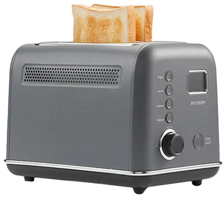 Prajitor de paine BUYDEEM DT730E, 900W, 2 felii, 9 programe automate, 9 trepte de prajire, Carcasa din otel inoxidabil, Afisaj LCD, Indicatori LED, Auto-centrare, Timer, Gri