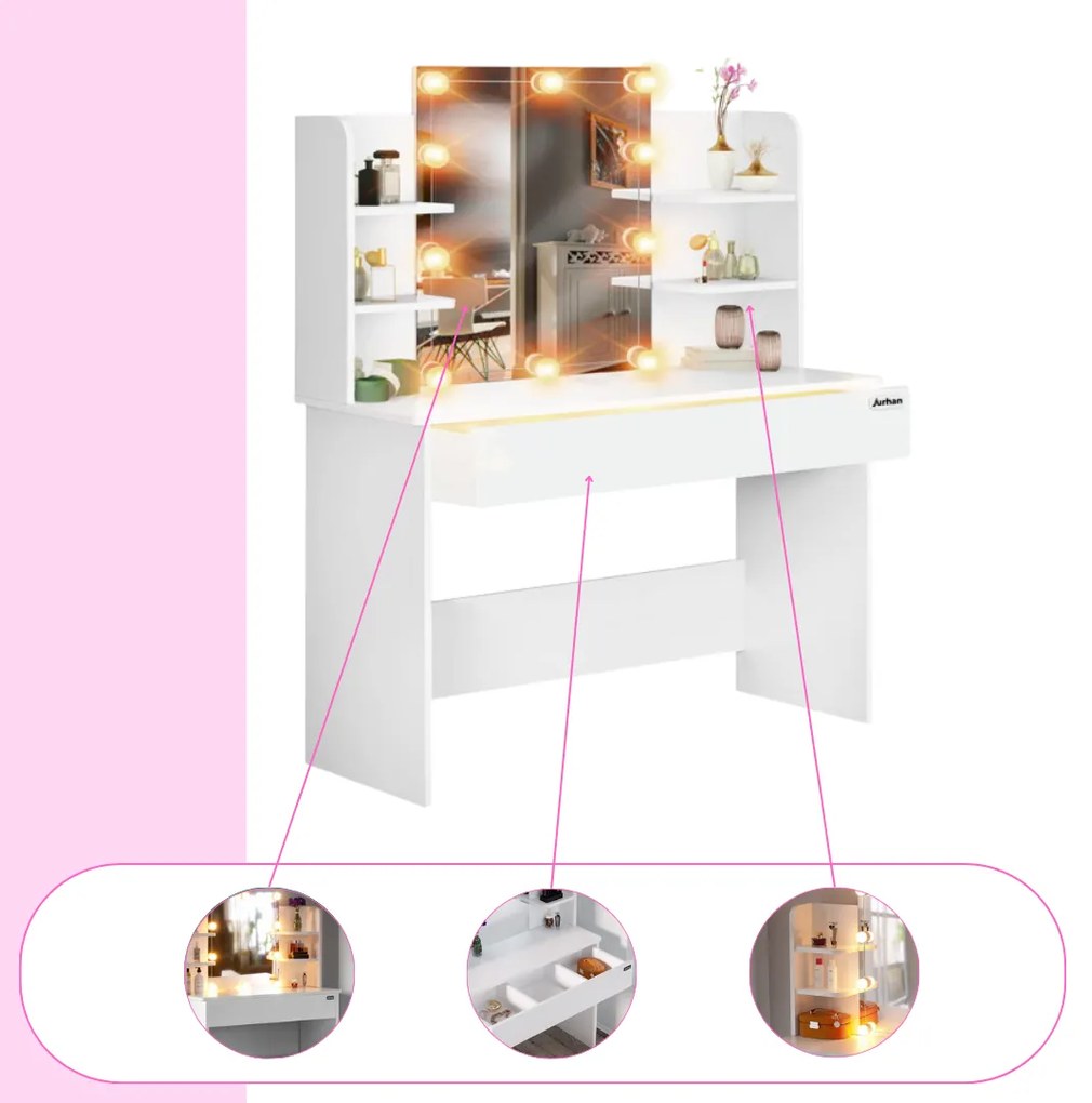 Masă de toaletă LUCIA cu iluminare, 108x40x140cm, alb Jurhan