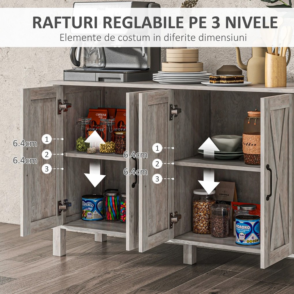 HOMCOM Dulap în Stil Rustic cu 2 Rafturi Reglabile pentru Depozitare, Dulap pentru TV cu 4 Uși, 120x37x75 cm, Gri | Aosom Romania