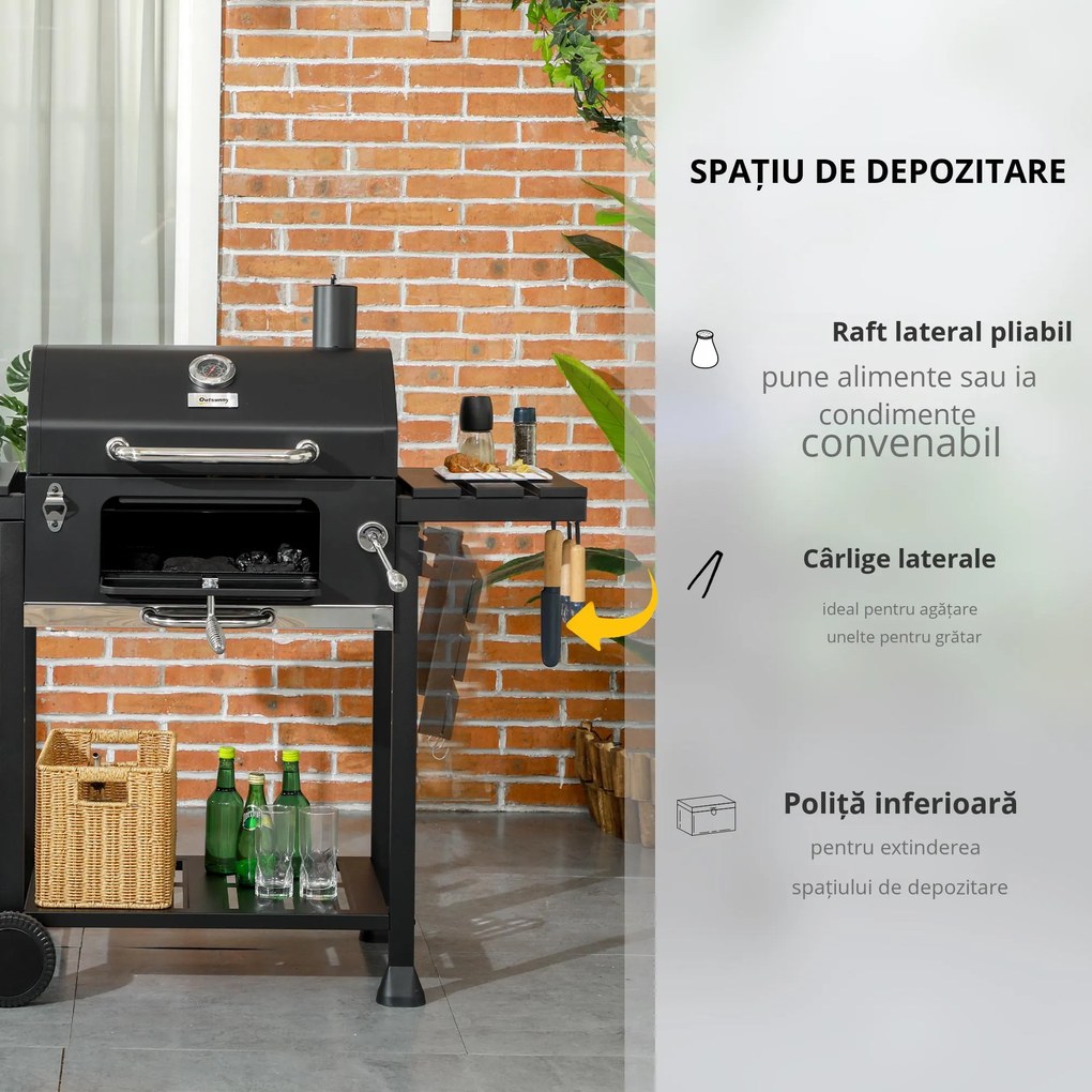 Outsunny Grătar cu Tavă de Cărbune Reglabilă, Grilaj de Grătar din Oțel Galvanizat cu Rafturi de Depozitare, 120x64x114 cm, Negru | Aosom Romania