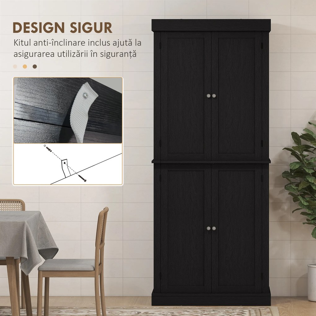 HOMCOM Dulap Înalt de Bucătărie cu 6 Rafturi și 2 Uși, Dulap cu Rafturi Reglabile din Lemn, 76x40,5x184 cm, Alb | Aosom Romania