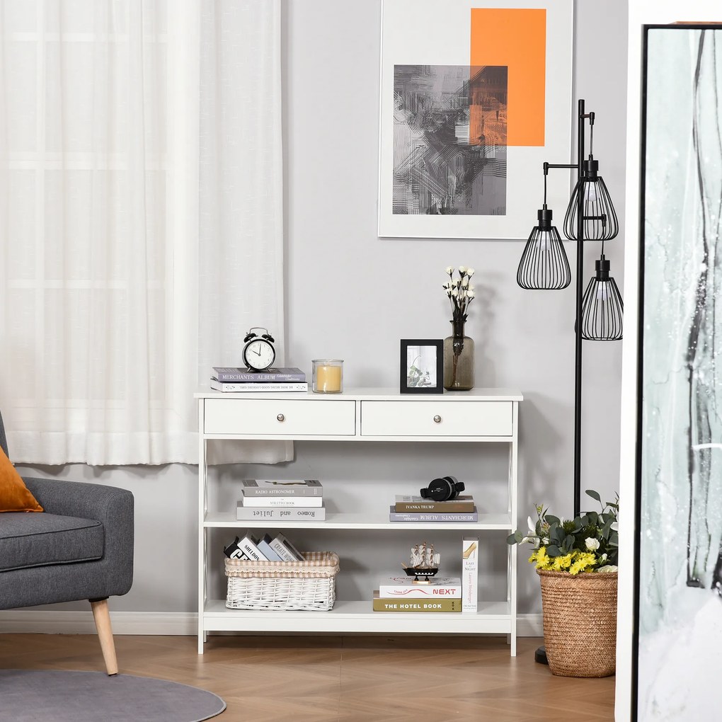 HOMCOM Consolă, cu 2 Sertare și Rafturi Reglabile, Design Modern, Structură Solidă cu Sistem Anti-Răsturnare, 100x30.5x80 cm, Albă | Aosom Romania
