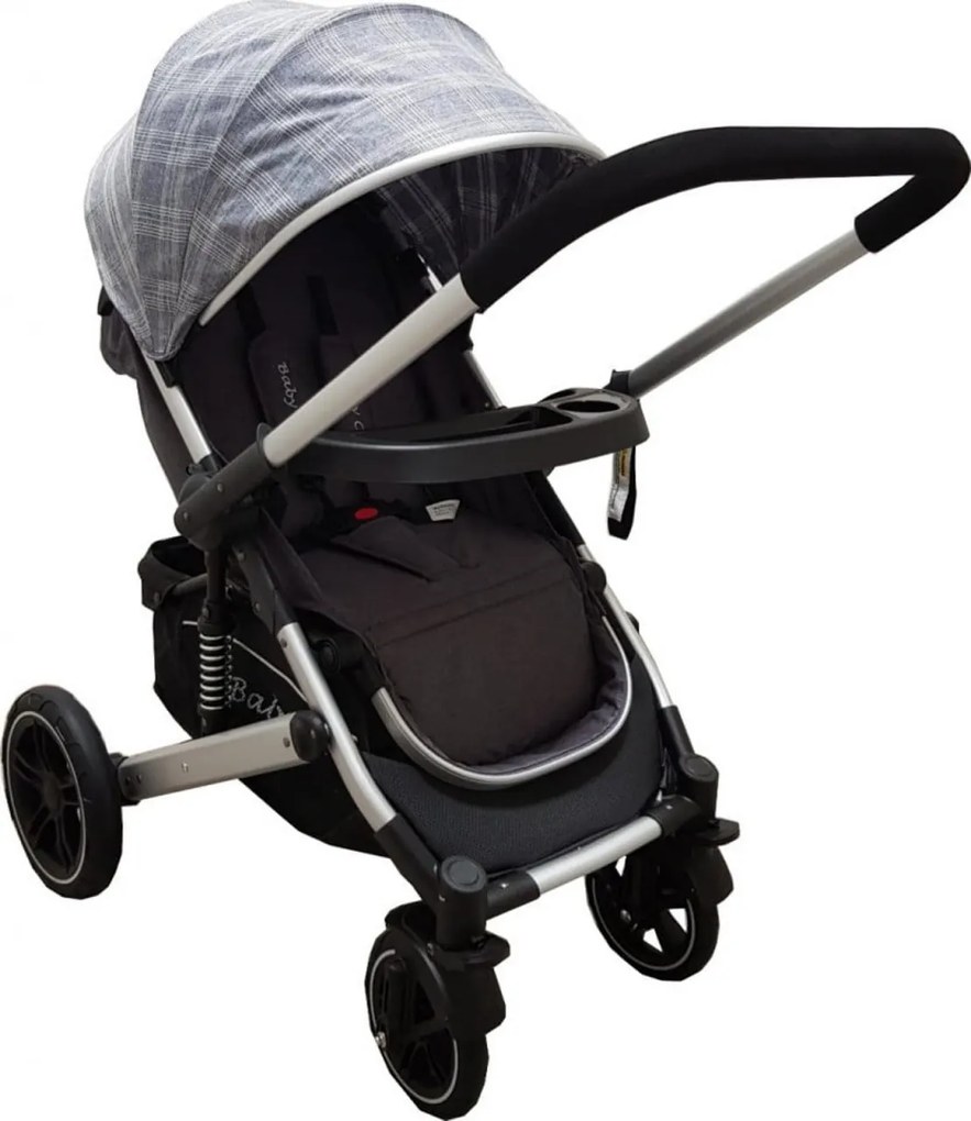 Carucior nou nascuti 2 in 1 BABY CARE™ PRO 512, Cu geanta bebe inclusa, Suspensii, Cadru aluminiu Silver, Plasa insecte, Gri cu Carouri