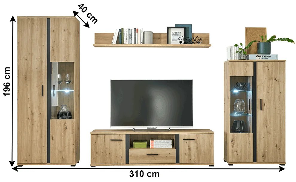 Perete living, stejar artizan / negru, KANODE