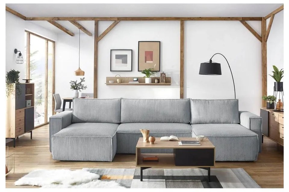 Colțar gri deschis extensibil cu tapițerie din catifea reiată (în formă de "U") Nihad – Bobochic Paris