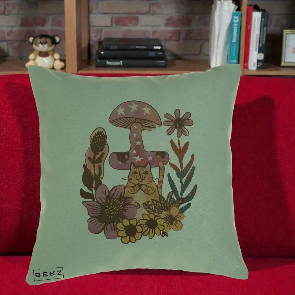 Perna Decorativa Ciuperca Pisica Boho, 40x40 cm, Verde, Husa Detasabila, Perna Inclusa, BEKZ®