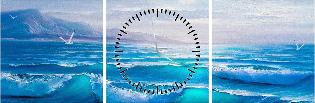 Tablou - Pictură în ulei de mare cu pescăruși (cu ceas) (90x30 cm)