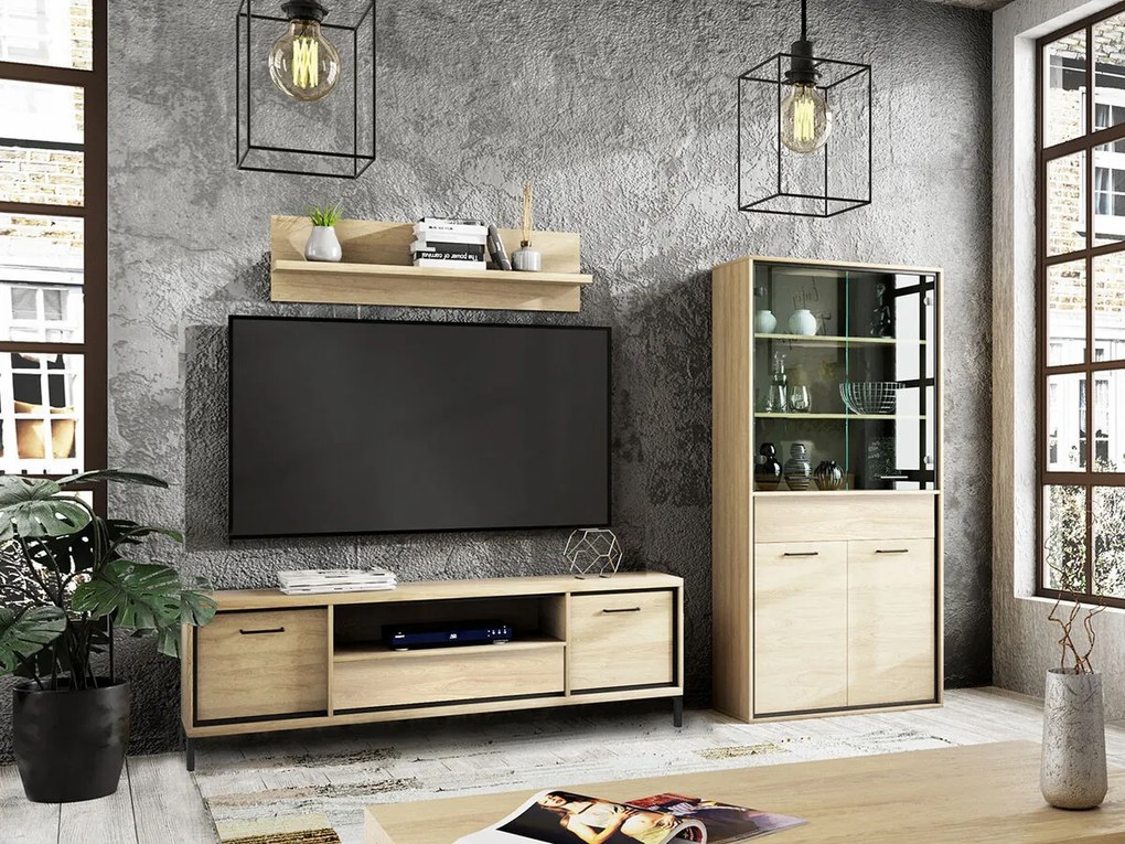 Mobilă pentru sufragerie Stanton F123Luminos lemn, Părți separate, Cu comodă tv, Cu componente suplimentare, PAL laminat, Sticlă călită, 139 kg