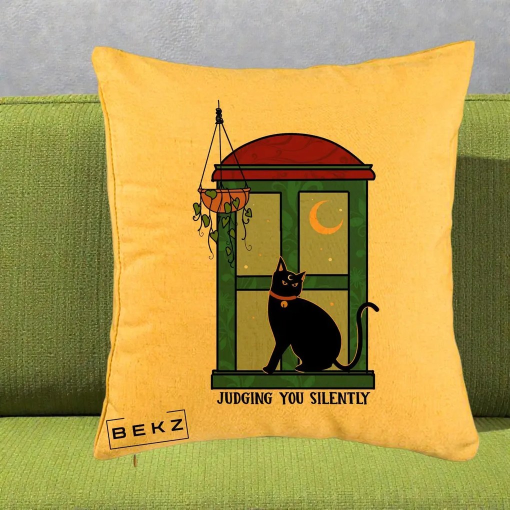 Perna Decorativa Judging You Silently Pisica Geam, 40x40 cm, Galben, Husa Detasabila, Perna Inclusa, BEKZ®