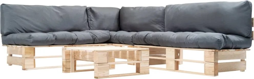 vidaXL Set mobilier de grădină paleți cu perne gri, 4 piese, lemn