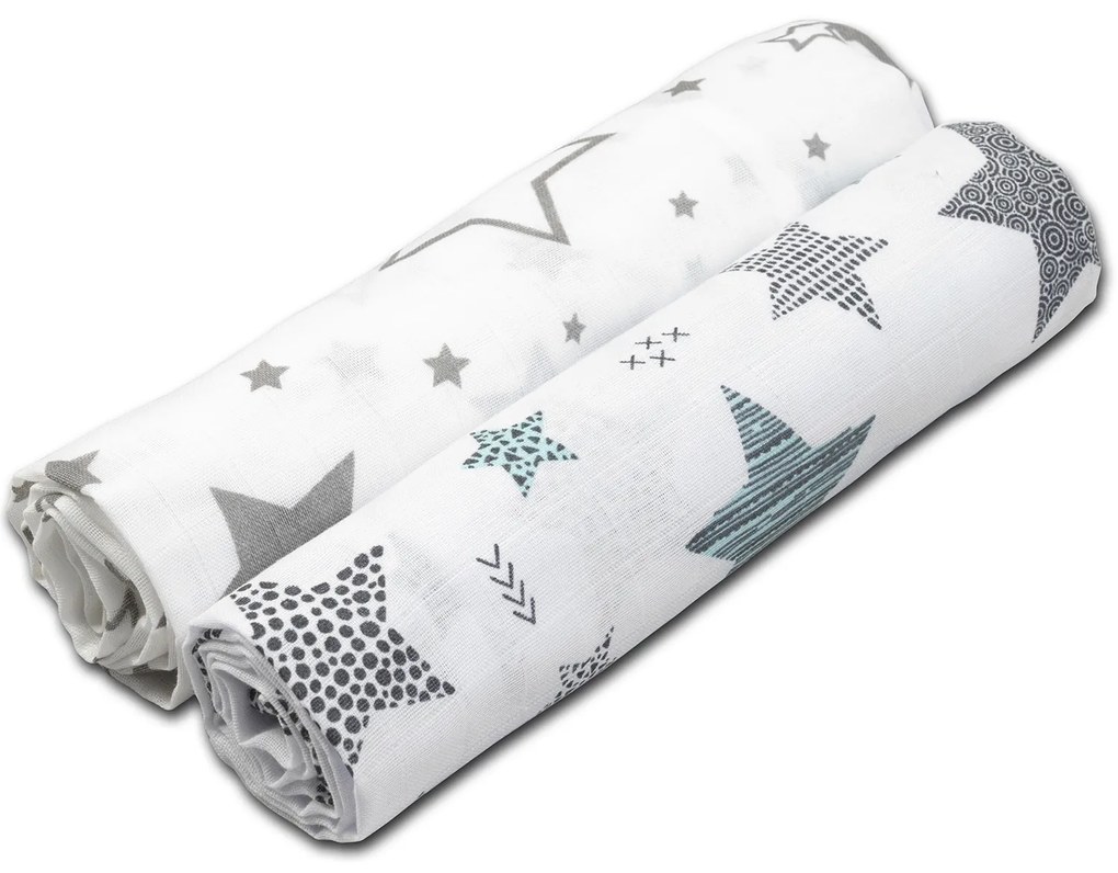 Set 2 paturici muselina 110x110 cm Kidizi All Mint Stars, 100% bumbac