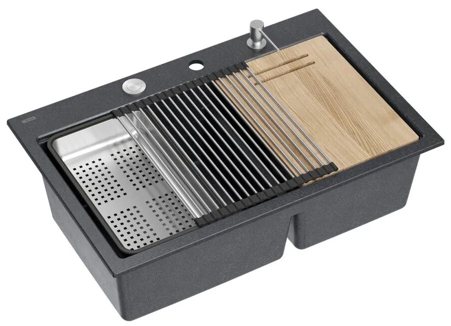 Statie de lucru incastrata Quadron Unique Marc 120 negru diamant - inox 2 cuve 76x50 cm