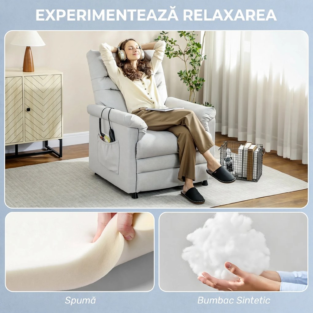 HOMCOM Fotoliu Relaxant Electric cu Masaj și Încălzire și Suport pentru Picioare, Silențios, Fotoliu Reclinabil 150° în Catifea Prietenoasă cu Animalele cu Funcție de Memorare, 2 Telecomenzi pentru Sufragerie, Gri Deschis | Aosom Romania